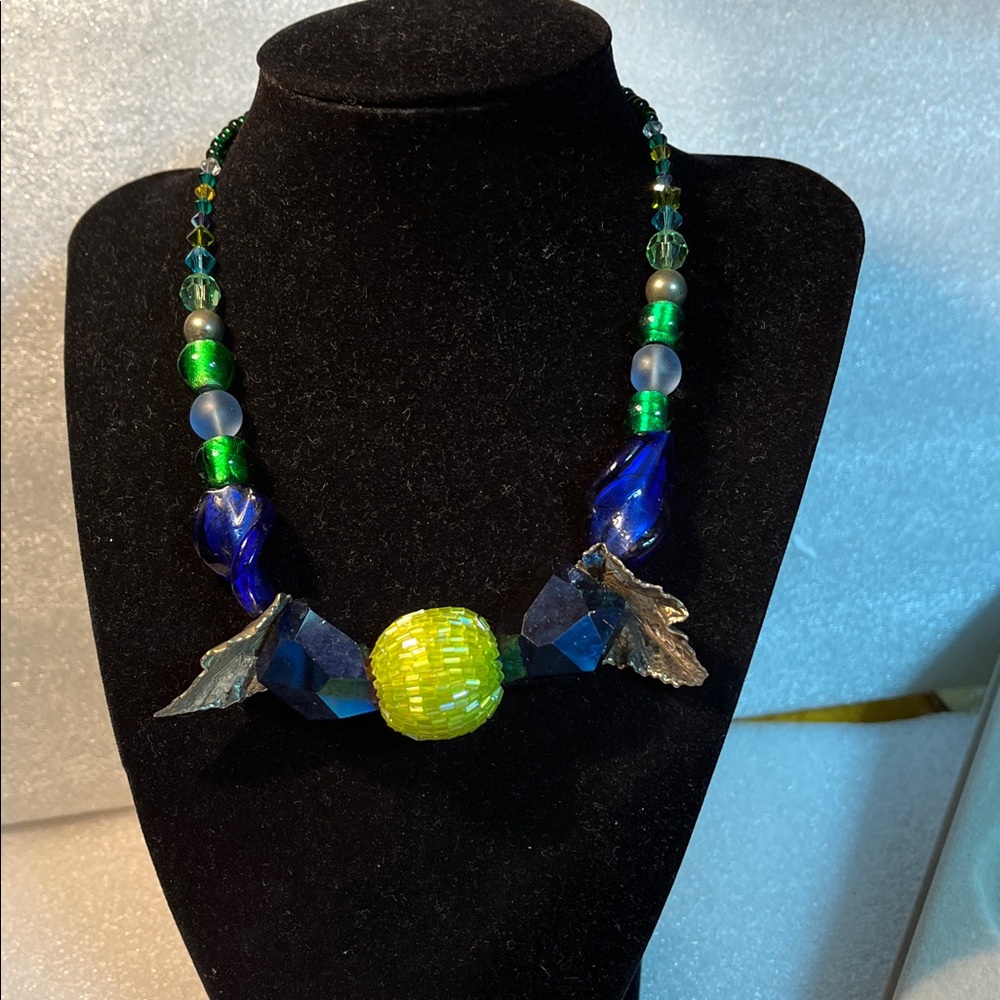Colorful Beaded Necklace with Green and Blue Accents